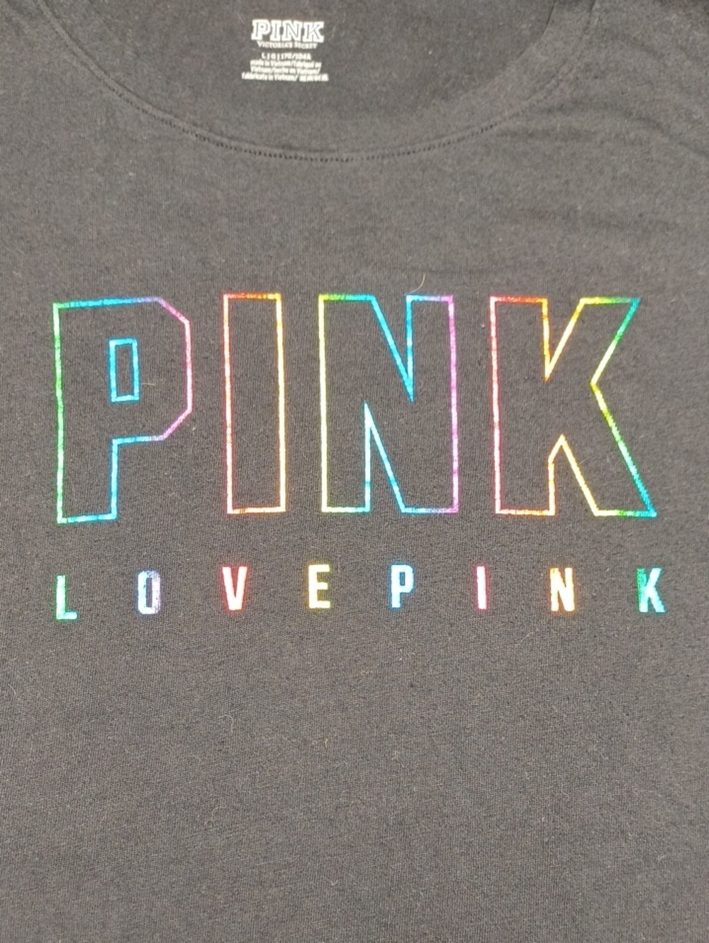 PINK Victoria's Secret Black Tee with Rainbow Outline Logo Large